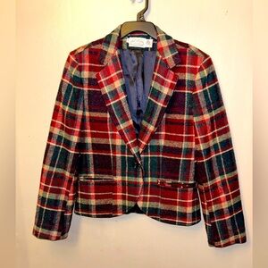 Vintage wool blazer - “The Villager” deep red/blue/teal plaid satin lined